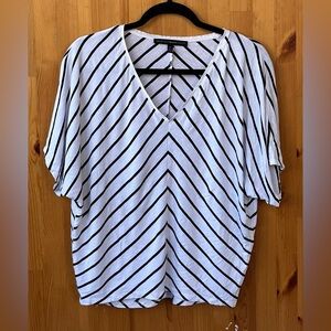 White House Black Market Womens White Striped Sleeve V-Neck TShirt-Size XS